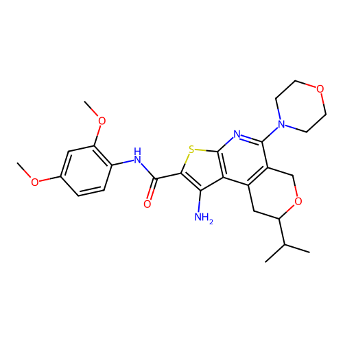 1-amino-N-(2,4-dimethoxyphenyl)-5-(morpholin-4-yl)-8-(propan-2-yl)-8,9-dihydro-6H-pyrano[4,3-d]thieno[2,3-b]pyridine-2-carboxamide structure