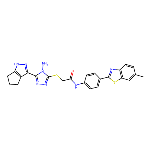 2-((4-amino-5-(2,4,5,6-tetrahydrocyclopenta[c]pyrazol-3-yl)-4H-1,2,4-triazol-3-yl)thio)-N-(4-(6-methylbenzo[d]thiazol-2-yl)phenyl)acetamide structure