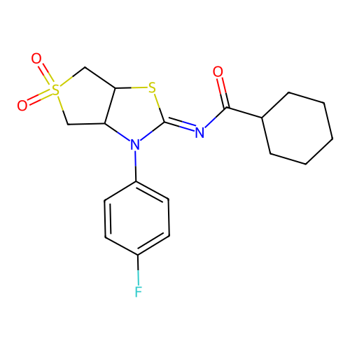 (Z)-N-(3-(4-fluorophenyl)-5,5-dioxidotetrahydrothieno[3,4-d]thiazol-2(3H)-ylidene)cyclohexanecarboxamide structure