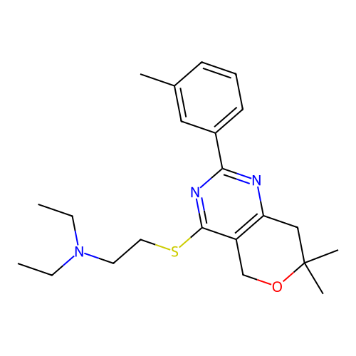 2-((7,7-dimethyl-2-(m-tolyl)-7,8-dihydro-5H-pyrano[4,3-d]pyrimidin-4-yl)thio)-N,N-diethylethanamine structure