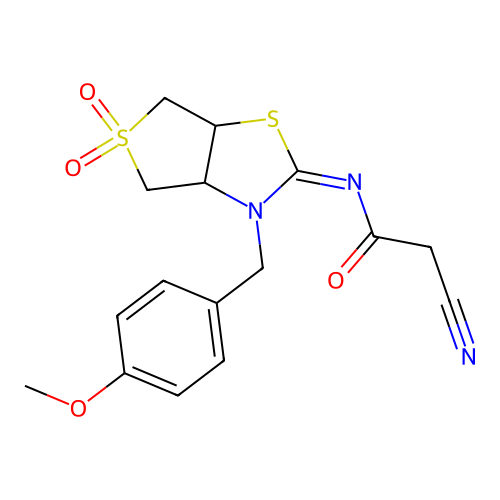 (Z)-2-cyano-N-(3-(4-methoxybenzyl)-5,5-dioxidotetrahydrothieno[3,4-d]thiazol-2(3H)-ylidene)acetamide structure