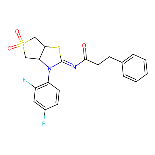 N-[(2E)-3-(2,4-difluorophenyl)-5,5-dioxidotetrahydrothieno[3,4-d][1,3]thiazol-2(3H)-ylidene]-3-phenylpropanamide structure
