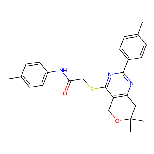 2-((7,7-dimethyl-2-(p-tolyl)-7,8-dihydro-5H-pyrano[4,3-d]pyrimidin-4-yl)thio)-N-(p-tolyl)acetamide structure