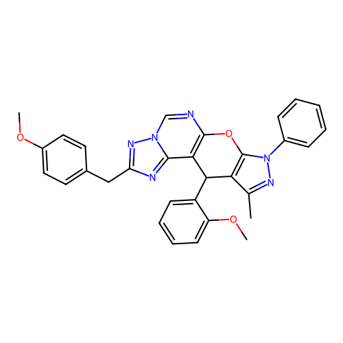 2-(4-methoxybenzyl)-11-(2-methoxyphenyl)-10-methyl-8-phenyl-8,11-dihydropyrazolo[4',3':5,6]pyrano[3,2-e][1,2,4]triazolo[1,5-c]pyrimidine structure