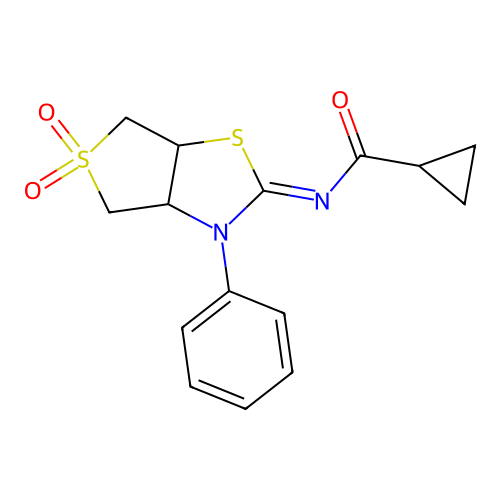 N-(5,5-dioxo-3-phenyl-3a,4,6,6a-tetrahydrothieno[3,4-d][1,3]thiazol-2-ylidene)cyclopropanecarboxamide structure