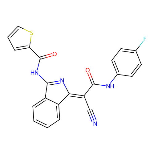 N-[3-[cyano-[(4-fluorophenyl)carbamoyl]methylidene]isoindol-1-yl]thiophene-2-carboxamide structure