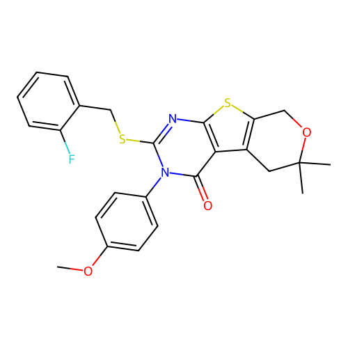 2-((2-fluorobenzyl)thio)-3-(4-methoxyphenyl)-6,6-dimethyl-5,6-dihydro-3H-pyrano[4',3':4,5]thieno[2,3-d]pyrimidin-4(8H)-one structure