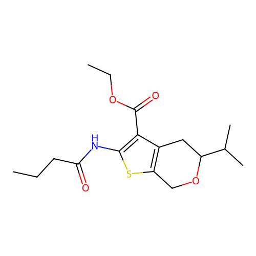 ethyl 2-(butanoylamino)-5-(propan-2-yl)-4,7-dihydro-5H-thieno[2,3-c]pyran-3-carboxylate structure