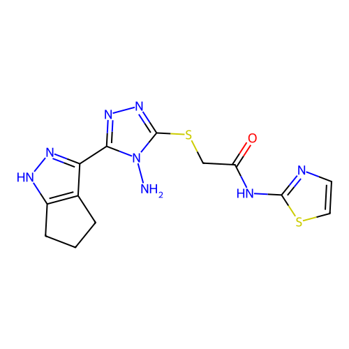 2-((4-amino-5-(1,4,5,6-tetrahydrocyclopenta[c]pyrazol-3-yl)-4H-1,2,4-triazol-3-yl)thio)-N-(thiazol-2-yl)acetamide structure
