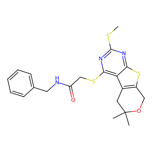 N-benzyl-2-((6,6-dimethyl-2-(methylthio)-6,8-dihydro-5H-pyrano[4',3':4,5]thieno[2,3-d]pyrimidin-4-yl)thio)acetamide structure