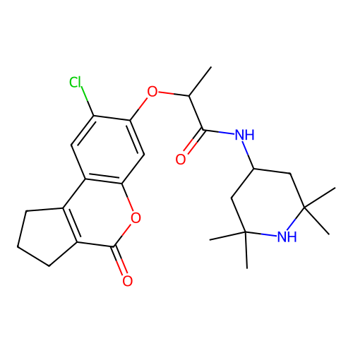 2-((8-chloro-4-oxo-1,2,3,4-tetrahydrocyclopenta[c]chromen-7-yl)oxy)-N-(2,2,6,6-tetramethylpiperidin-4-yl)propanamide structure