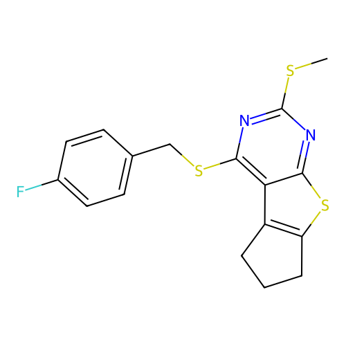 4-((4-fluorobenzyl)thio)-2-(methylthio)-6,7-dihydro-5H-cyclopenta[4,5]thieno[2,3-d]pyrimidine structure