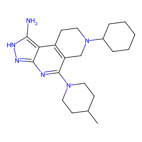 7-cyclohexyl-5-(4-methylpiperidin-1-yl)-6,7,8,9-tetrahydro-3H-pyrazolo[3,4-c][2,7]naphthyridin-1-amine structure
