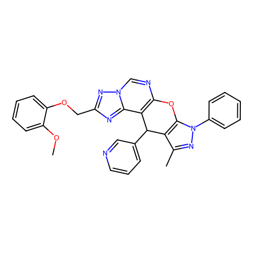 2-((2-methoxyphenoxy)methyl)-10-methyl-8-phenyl-11-(pyridin-3-yl)-8,11-dihydropyrazolo[4',3':5,6]pyrano[3,2-e][1,2,4]triazolo[1,5-c]pyrimidine structure