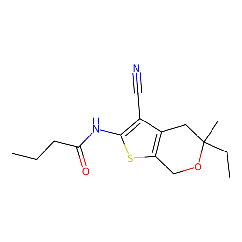 N-(3-cyano-5-ethyl-5-methyl-4,7-dihydro-5H-thieno[2,3-c]pyran-2-yl)butanamide structure