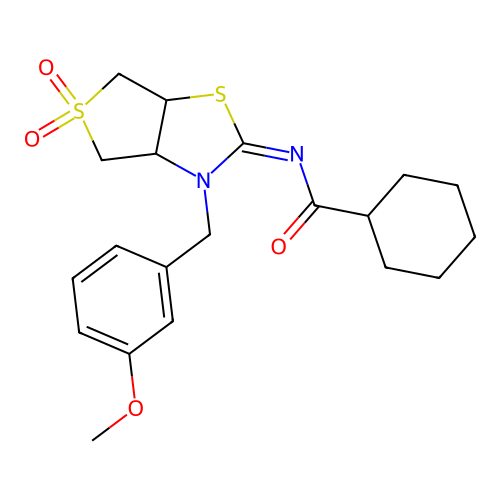 (Z)-N-(3-(3-methoxybenzyl)-5,5-dioxidotetrahydrothieno[3,4-d]thiazol-2(3H)-ylidene)cyclohexanecarboxamide structure