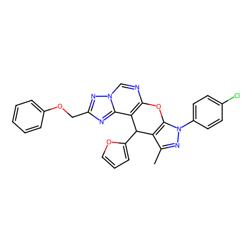 8-(4-chlorophenyl)-11-(furan-2-yl)-10-methyl-2-(phenoxymethyl)-8,11-dihydropyrazolo[4',3':5,6]pyrano[3,2-e][1,2,4]triazolo[1,5-c]pyrimidine structure