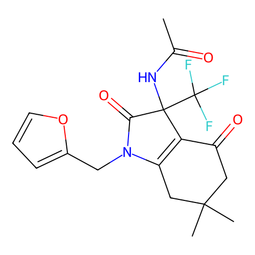 N-(1-(furan-2-ylmethyl)-6,6-dimethyl-2,4-dioxo-3-(trifluoromethyl)-2,3,4,5,6,7-hexahydro-1H-indol-3-yl)acetamide structure