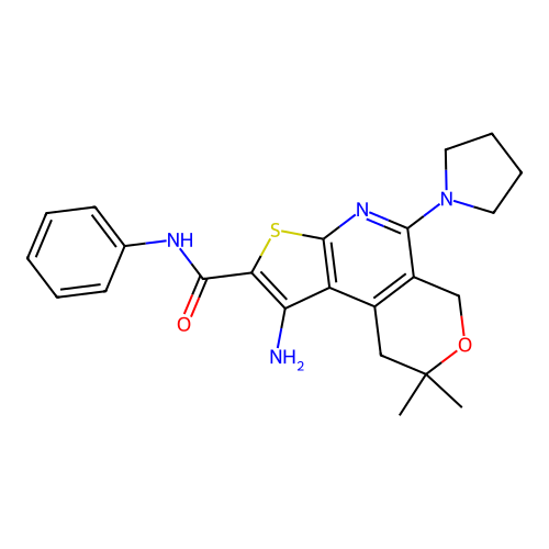 1-amino-8,8-dimethyl-N-phenyl-5-(pyrrolidin-1-yl)-8,9-dihydro-6H-pyrano[4,3-d]thieno[2,3-b]pyridine-2-carboxamide structure