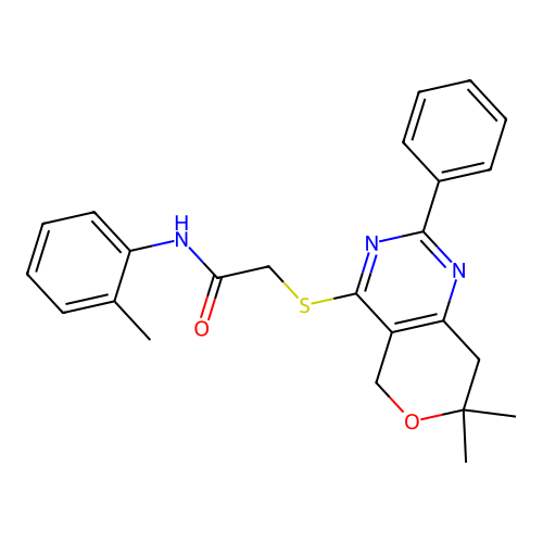 2-((7,7-dimethyl-2-phenyl-7,8-dihydro-5H-pyrano[4,3-d]pyrimidin-4-yl)thio)-N-(o-tolyl)acetamide structure