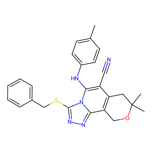 3-(benzylsulfanyl)-8,8-dimethyl-5-[(4-methylphenyl)amino]-7,10-dihydro-8H-pyrano[3,4-c][1,2,4]triazolo[4,3-a]pyridine-6-carbonitrile structure