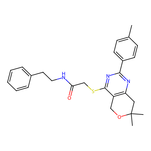 2-((7,7-dimethyl-2-(p-tolyl)-7,8-dihydro-5H-pyrano[4,3-d]pyrimidin-4-yl)thio)-N-phenethylacetamide structure