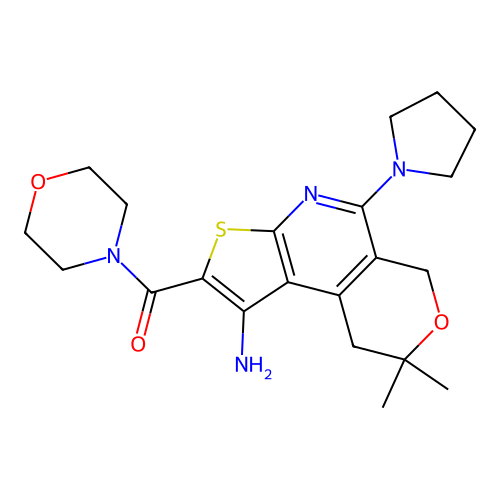 (1-amino-8,8-dimethyl-5-(pyrrolidin-1-yl)-8,9-dihydro-6H-pyrano[4,3-d]thieno[2,3-b]pyridin-2-yl)(morpholino)methanone structure