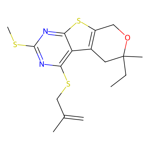 6-ethyl-6-methyl-4-((2-methylallyl)thio)-2-(methylthio)-6,8-dihydro-5H-pyrano[4',3':4,5]thieno[2,3-d]pyrimidine structure