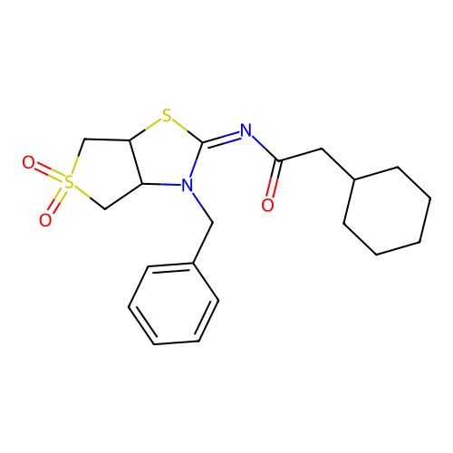 (Z)-N-(3-benzyl-5,5-dioxidotetrahydrothieno[3,4-d]thiazol-2(3H)-ylidene)-2-cyclohexylacetamide structure