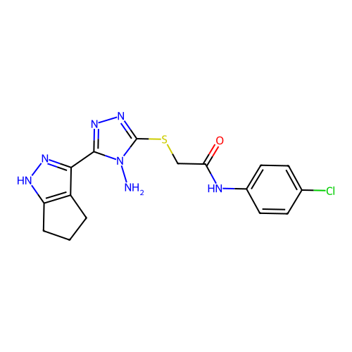 2-((4-amino-5-(1,4,5,6-tetrahydrocyclopenta[c]pyrazol-3-yl)-4H-1,2,4-triazol-3-yl)thio)-N-(4-chlorophenyl)acetamide structure