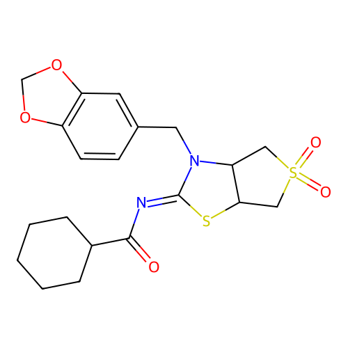 (E)-N-(3-(benzo[d][1,3]dioxol-5-ylmethyl)-5,5-dioxidotetrahydrothieno[3,4-d]thiazol-2(3H)-ylidene)cyclohexanecarboxamide structure