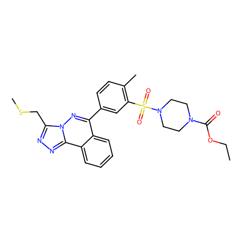 ethyl 4-((2-methyl-5-(3-((methylthio)methyl)-[1,2,4]triazolo[3,4-a]phthalazin-6-yl)phenyl)sulfonyl)piperazine-1-carboxylate structure