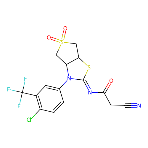 (Z)-N-(3-(4-chloro-3-(trifluoromethyl)phenyl)-5,5-dioxidotetrahydrothieno[3,4-d]thiazol-2(3H)-ylidene)-2-cyanoacetamide structure
