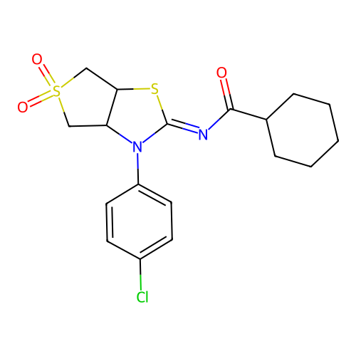 (Z)-N-(3-(4-chlorophenyl)-5,5-dioxidotetrahydrothieno[3,4-d]thiazol-2(3H)-ylidene)cyclohexanecarboxamide structure