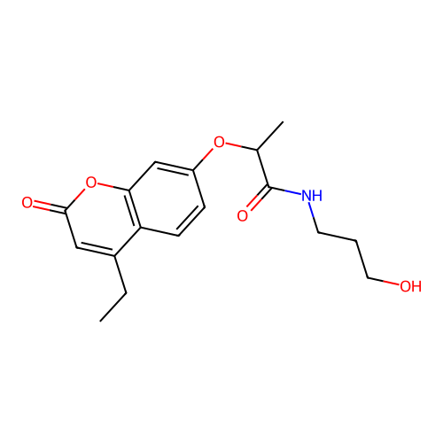 2-((4-ethyl-2-oxo-2H-chromen-7-yl)oxy)-N-(3-hydroxypropyl)propanamide structure