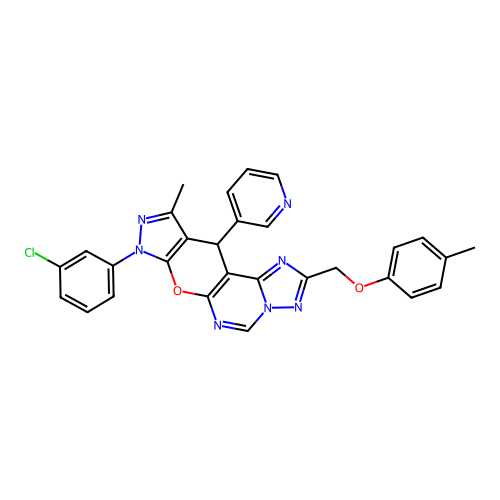 8-(3-chlorophenyl)-10-methyl-11-(pyridin-3-yl)-2-((p-tolyloxy)methyl)-8,11-dihydropyrazolo[4',3':5,6]pyrano[3,2-e][1,2,4]triazolo[1,5-c]pyrimidine structure