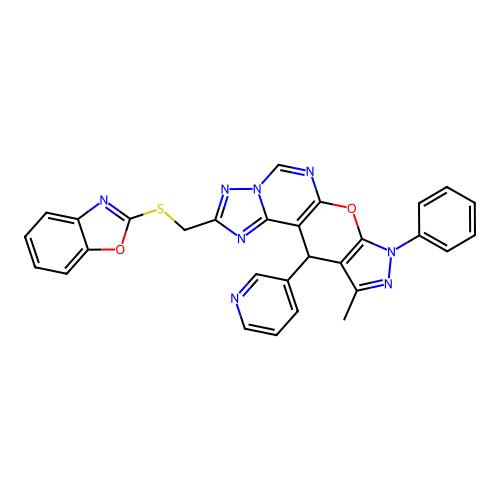 2-((benzo[d]oxazol-2-ylthio)methyl)-10-methyl-8-phenyl-11-(pyridin-3-yl)-8,11-dihydropyrazolo[4',3':5,6]pyrano[3,2-e][1,2,4]triazolo[1,5-c]pyrimidine structure