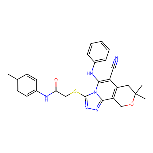 2-((6-cyano-8,8-dimethyl-5-(phenylamino)-8,10-dihydro-7H-pyrano[3,4-c][1,2,4]triazolo[4,3-a]pyridin-3-yl)thio)-N-(p-tolyl)acetamide structure