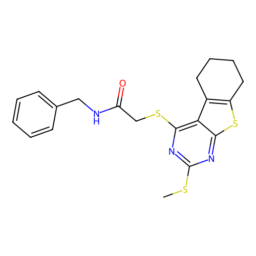 N-benzyl-2-((2-(methylthio)-5,6,7,8-tetrahydrobenzo[4,5]thieno[2,3-d]pyrimidin-4-yl)thio)acetamide structure