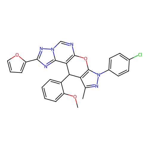 8-(4-chlorophenyl)-2-(furan-2-yl)-11-(2-methoxyphenyl)-10-methyl-8,11-dihydropyrazolo[4',3':5,6]pyrano[3,2-e][1,2,4]triazolo[1,5-c]pyrimidine structure