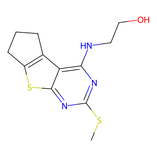 2-((2-(methylthio)-6,7-dihydro-5H-cyclopenta[4,5]thieno[2,3-d]pyrimidin-4-yl)amino)ethanol structure