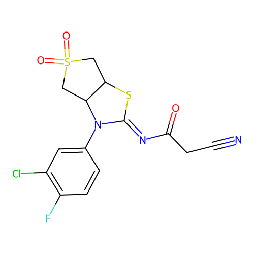 (Z)-N-(3-(3-chloro-4-fluorophenyl)-5,5-dioxidotetrahydrothieno[3,4-d]thiazol-2(3H)-ylidene)-2-cyanoacetamide structure