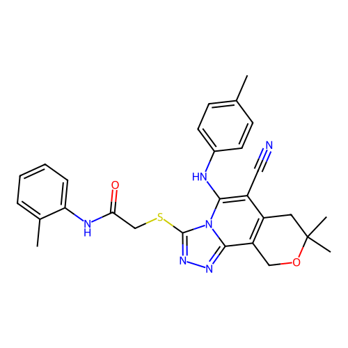 2-((6-cyano-8,8-dimethyl-5-(p-tolylamino)-8,10-dihydro-7H-pyrano[3,4-c][1,2,4]triazolo[4,3-a]pyridin-3-yl)thio)-N-(o-tolyl)acetamide structure