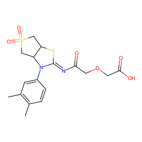 (2-{[(2Z)-3-(3,4-dimethylphenyl)-5,5-dioxidotetrahydrothieno[3,4-d][1,3]thiazol-2(3H)-ylidene]amino}-2-oxoethoxy)acetic acid structure