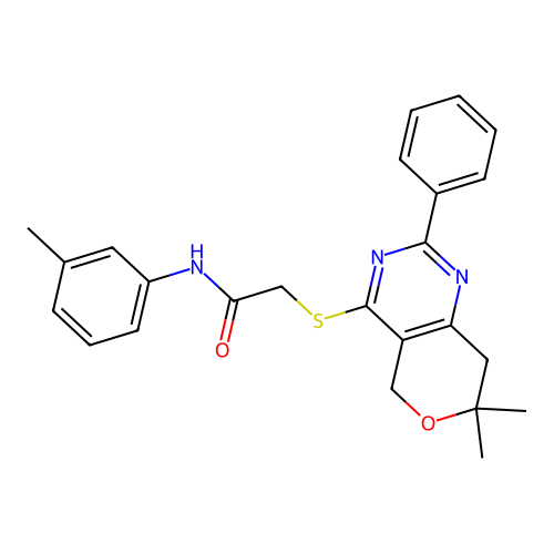 2-((7,7-dimethyl-2-phenyl-7,8-dihydro-5H-pyrano[4,3-d]pyrimidin-4-yl)thio)-N-(m-tolyl)acetamide structure