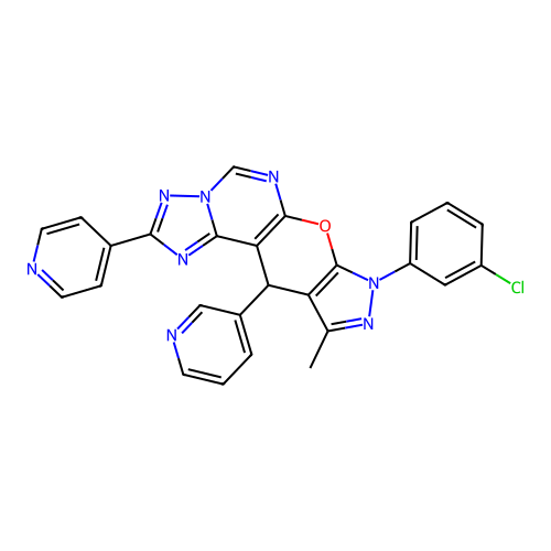 8-(3-chlorophenyl)-10-methyl-11-(pyridin-3-yl)-2-(pyridin-4-yl)-8,11-dihydropyrazolo[4',3':5,6]pyrano[3,2-e][1,2,4]triazolo[1,5-c]pyrimidine structure
