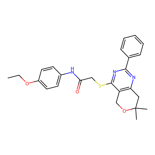 2-((7,7-dimethyl-2-phenyl-7,8-dihydro-5H-pyrano[4,3-d]pyrimidin-4-yl)thio)-N-(4-ethoxyphenyl)acetamide structure