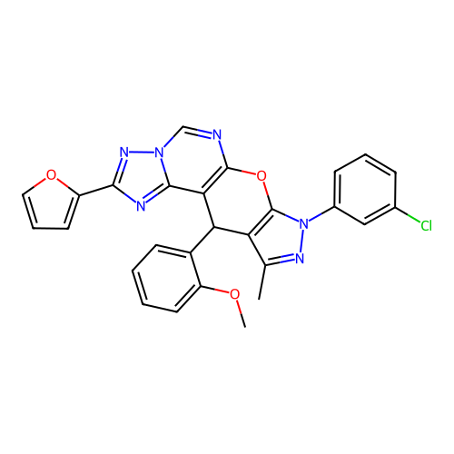 8-(3-chlorophenyl)-2-(furan-2-yl)-11-(2-methoxyphenyl)-10-methyl-8,11-dihydropyrazolo[4',3':5,6]pyrano[3,2-e][1,2,4]triazolo[1,5-c]pyrimidine structure