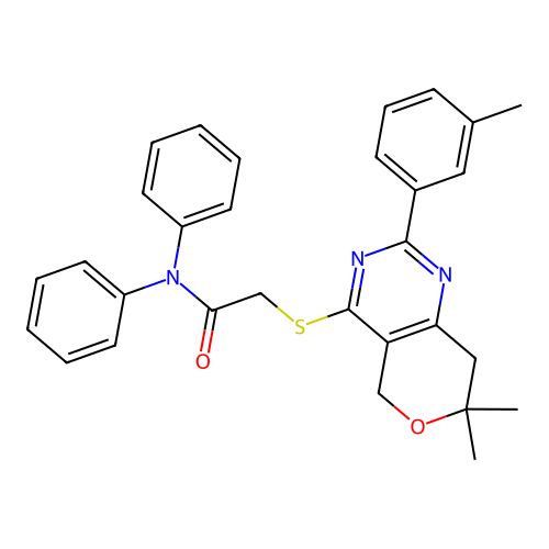 2-((7,7-dimethyl-2-(m-tolyl)-7,8-dihydro-5H-pyrano[4,3-d]pyrimidin-4-yl)thio)-N,N-diphenylacetamide structure