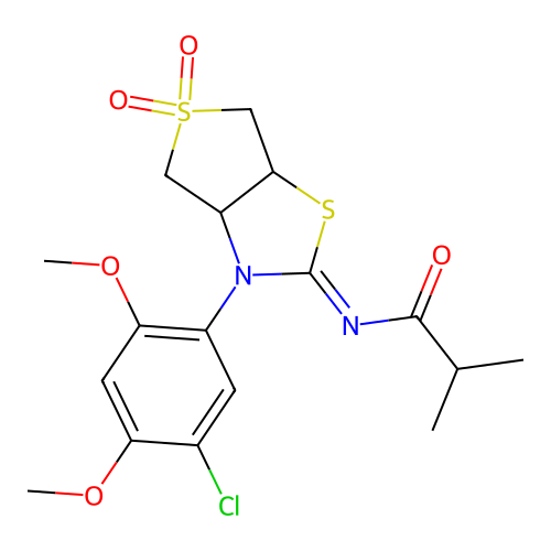 N-[(2Z)-3-(5-chloro-2,4-dimethoxyphenyl)-5,5-dioxidotetrahydrothieno[3,4-d][1,3]thiazol-2(3H)-ylidene]-2-methylpropanamide structure
